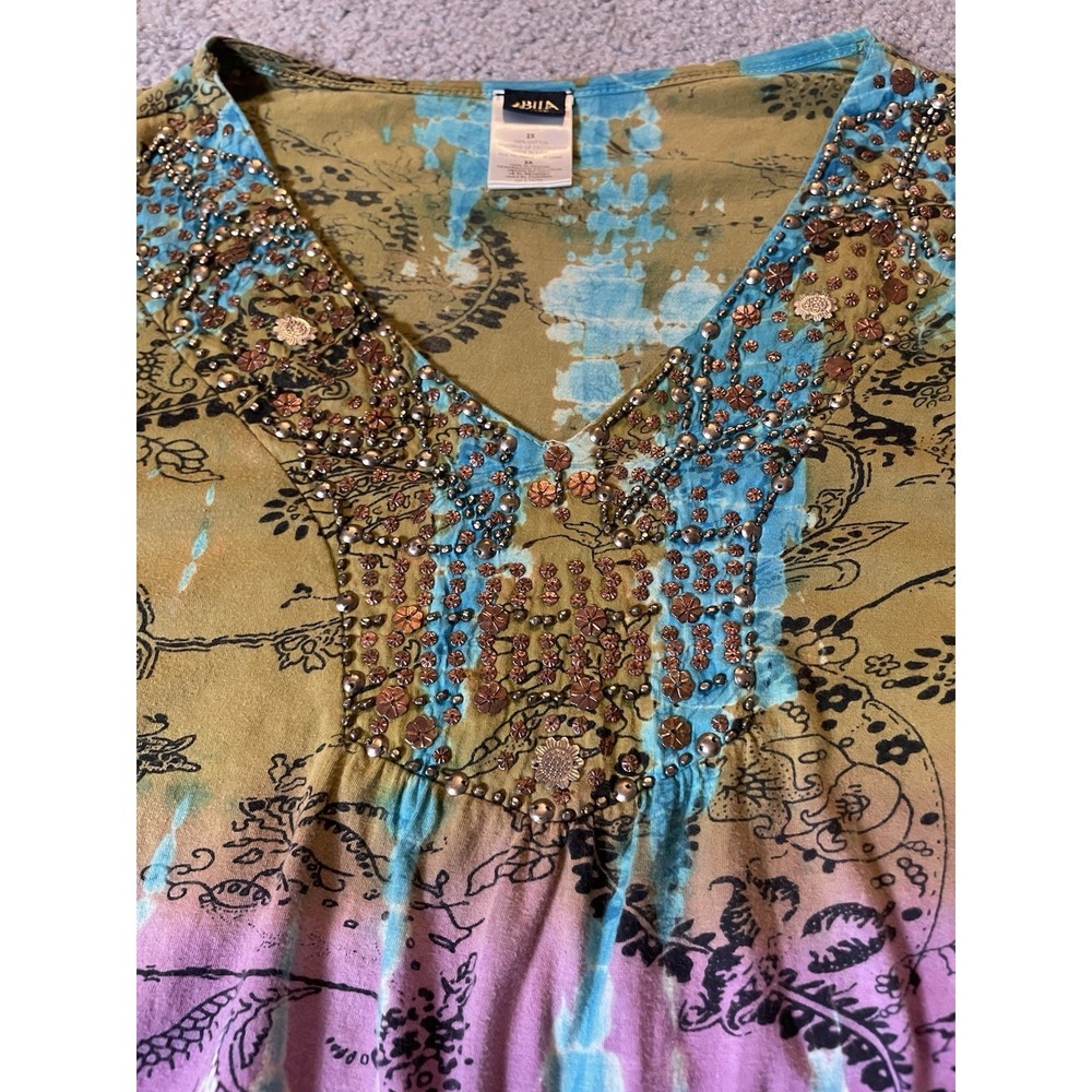 90s Bila Woman Beaded A-line Top 2X Blue Purple Abstract Pullover Boho Party - Picture 5 of 11